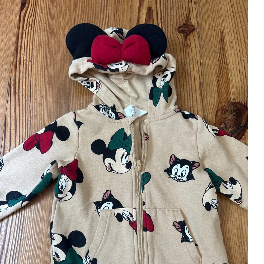 H&M Disney Minnie Mouse Figaro Hooded Jumpsuit Tan Character Print SIZE 3/4T